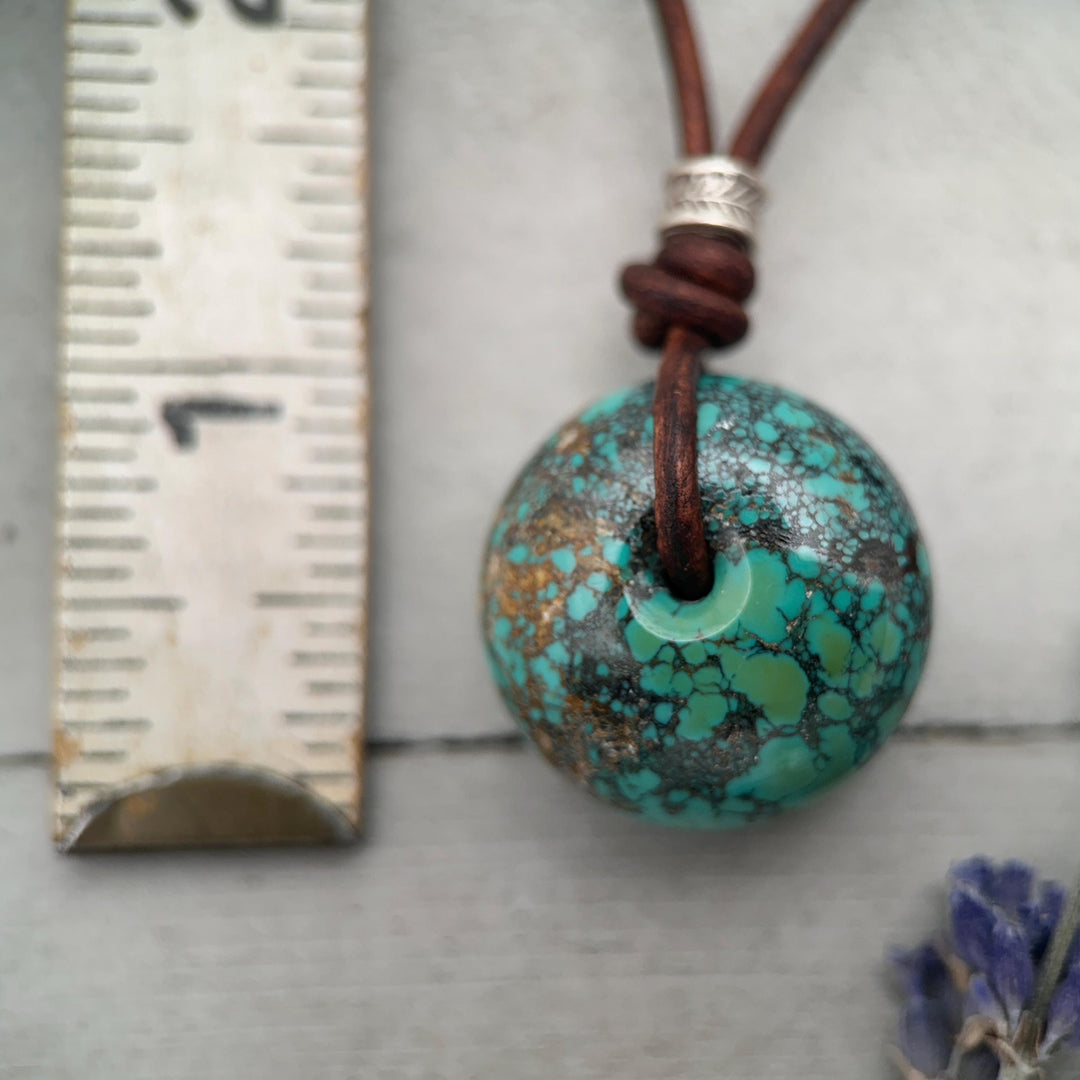 Natural Green Turquoise Donut Necklace on Rustic Leather – December Birthstone - For Him or Her - SunlightSilver