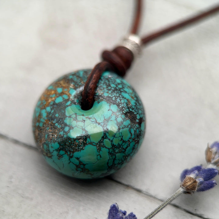 Natural Green Turquoise Donut Necklace on Rustic Leather – December Birthstone - For Him or Her - SunlightSilver