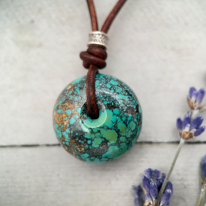 Natural Green Turquoise Donut Necklace on Rustic Leather – December Birthstone - For Him or Her - SunlightSilver