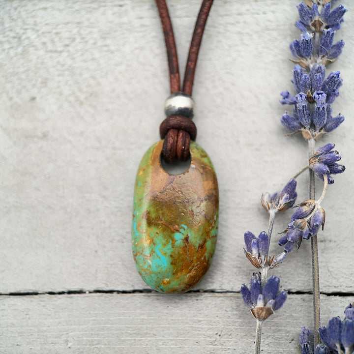Gemmy Teal Kingman Turquoise Adjustable Rustic Brown Leather Necklace - SunlightSilver