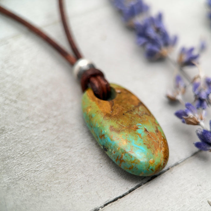Gemmy Teal Kingman Turquoise Adjustable Rustic Brown Leather Necklace - SunlightSilver