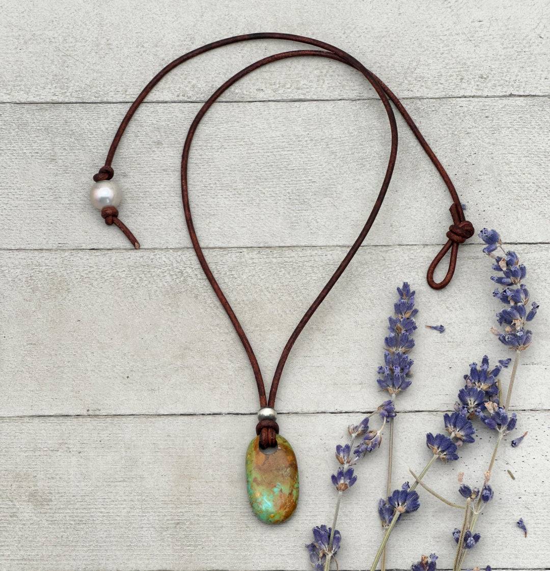 Gemmy Teal Kingman Turquoise Adjustable Rustic Brown Leather Necklace - SunlightSilver