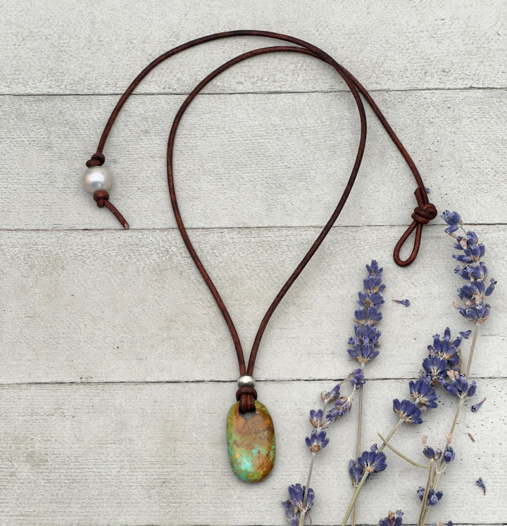 Gemmy Teal Kingman Turquoise Adjustable Rustic Brown Leather Necklace - SunlightSilver