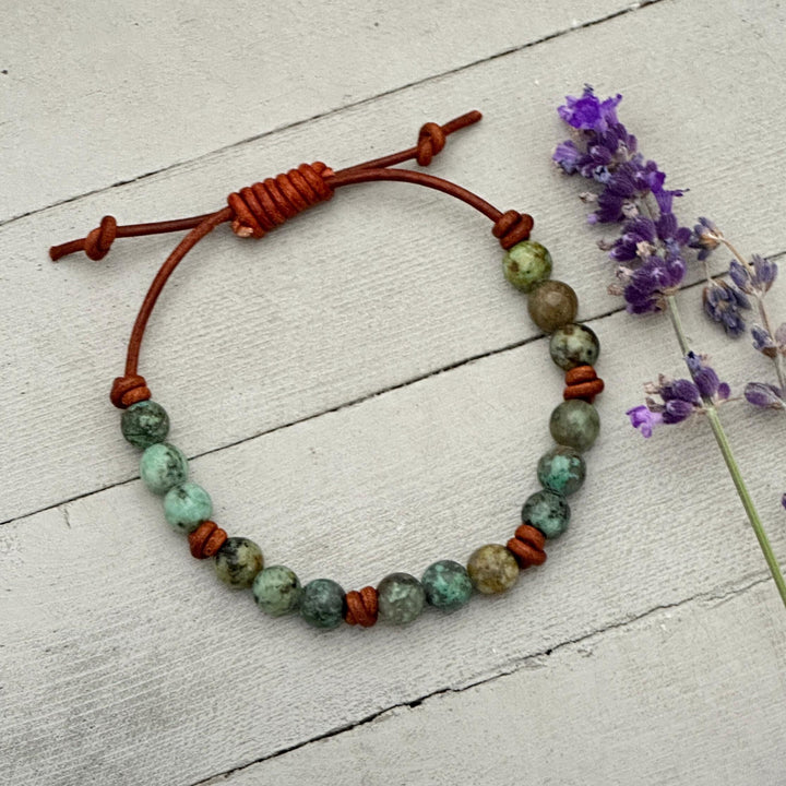 African Turquoise Leather Bracelet, Adjustable Gemstone Stacking Jewelry - Unisex For Men or Women - SunlightSilver