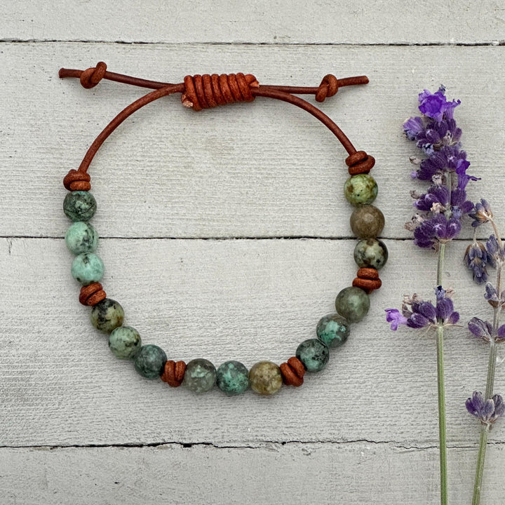 African Turquoise Leather Bracelet, Adjustable Gemstone Stacking Jewelry - Unisex For Men or Women - SunlightSilver