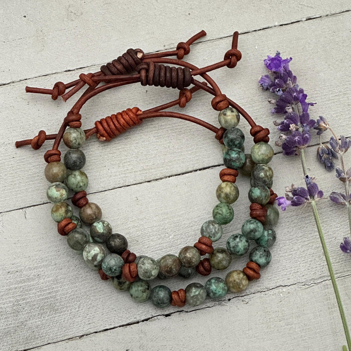 African Turquoise Leather Bracelet, Adjustable Gemstone Stacking Jewelry - Unisex For Men or Women - SunlightSilver