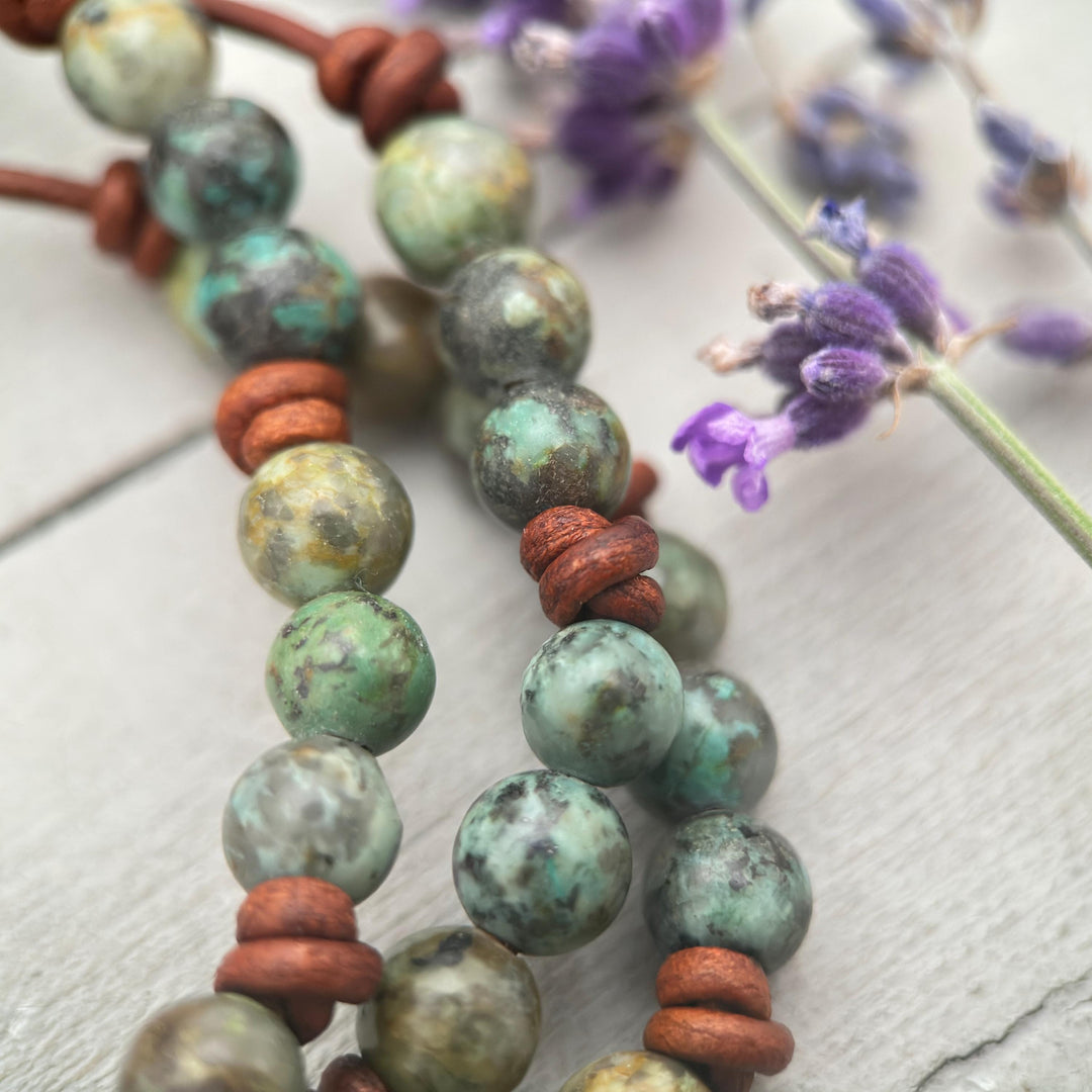 African Turquoise Leather Bracelet, Adjustable Gemstone Stacking Jewelry - Unisex For Men or Women - SunlightSilver