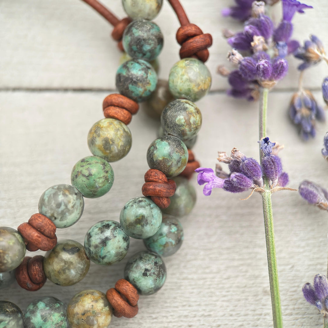 African Turquoise Leather Bracelet, Adjustable Gemstone Stacking Jewelry - Unisex For Men or Women - SunlightSilver