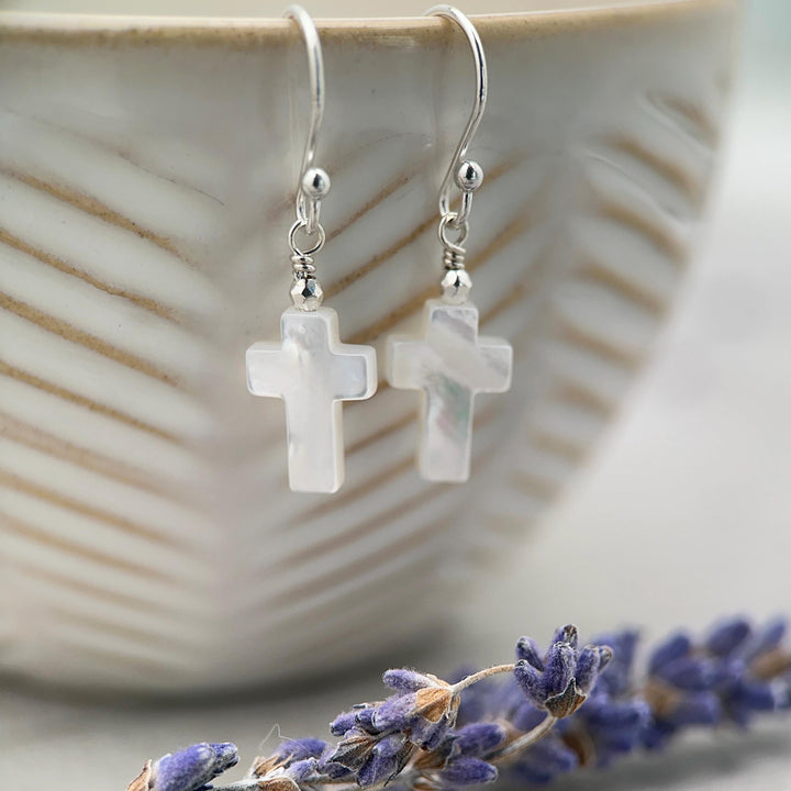 White Mother of Pearl Cross Dangle Earrings | Sterling Silver or Gold Filled | Christian Faith Jewelry Gift for Her - SunlightSilver