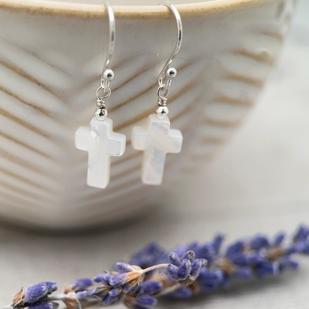 White Mother of Pearl Cross Dangle Earrings | Sterling Silver or Gold Filled | Christian Faith Jewelry Gift for Her - SunlightSilver