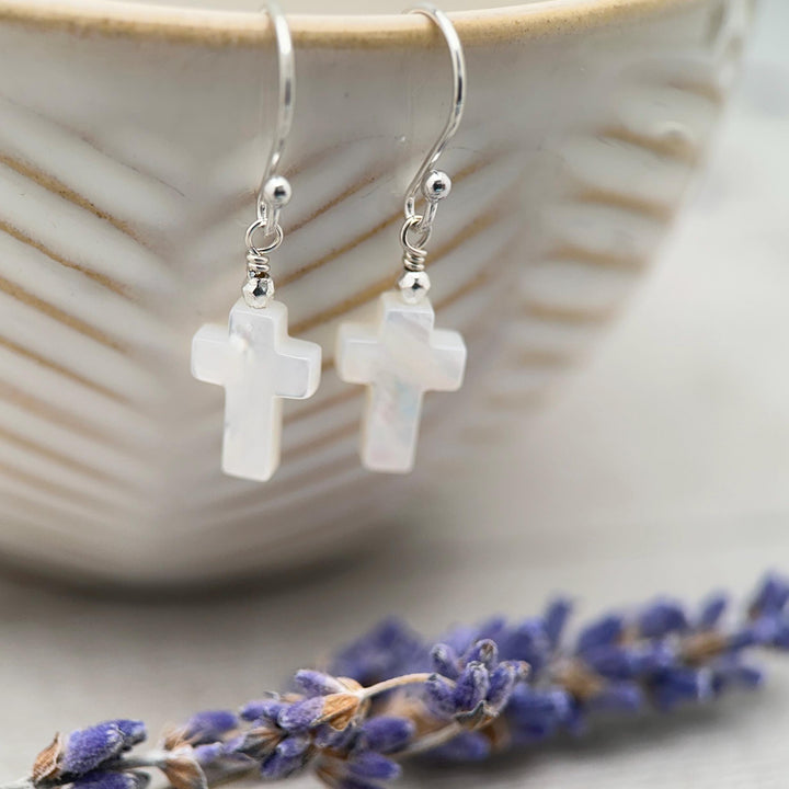 White Mother of Pearl Cross Dangle Earrings | Sterling Silver or Gold Filled | Christian Faith Jewelry Gift for Her - SunlightSilver