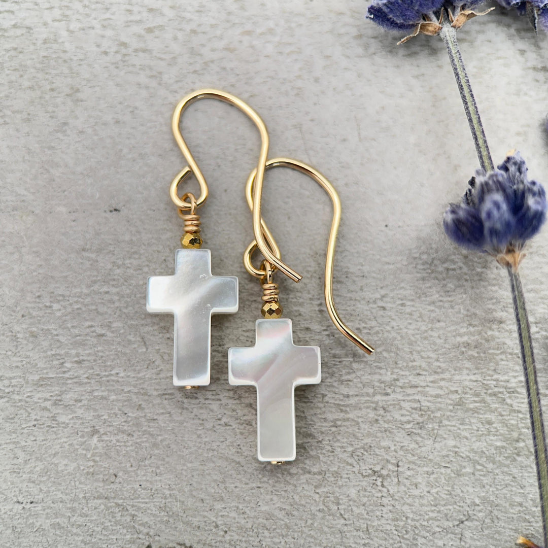 White Mother of Pearl Cross Dangle Earrings | Sterling Silver or Gold Filled | Christian Faith Jewelry Gift for Her - SunlightSilver