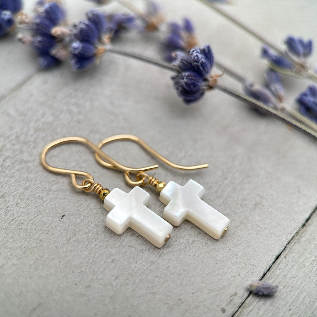 White Mother of Pearl Cross Dangle Earrings | Sterling Silver or Gold Filled | Christian Faith Jewelry Gift for Her - SunlightSilver