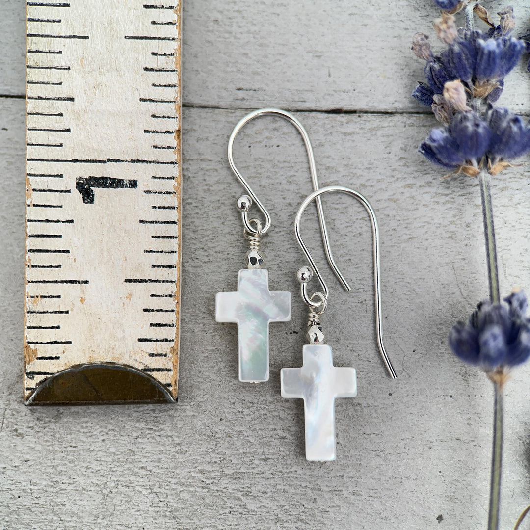 White Mother of Pearl Cross Dangle Earrings | Sterling Silver or Gold Filled | Christian Faith Jewelry Gift for Her - SunlightSilver