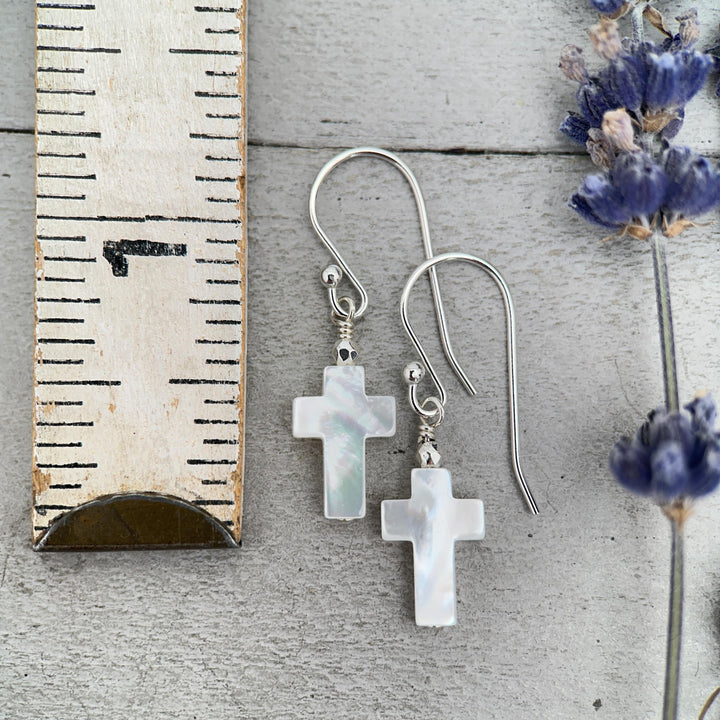 White Mother of Pearl Cross Dangle Earrings | Sterling Silver or Gold Filled | Christian Faith Jewelry Gift for Her - SunlightSilver
