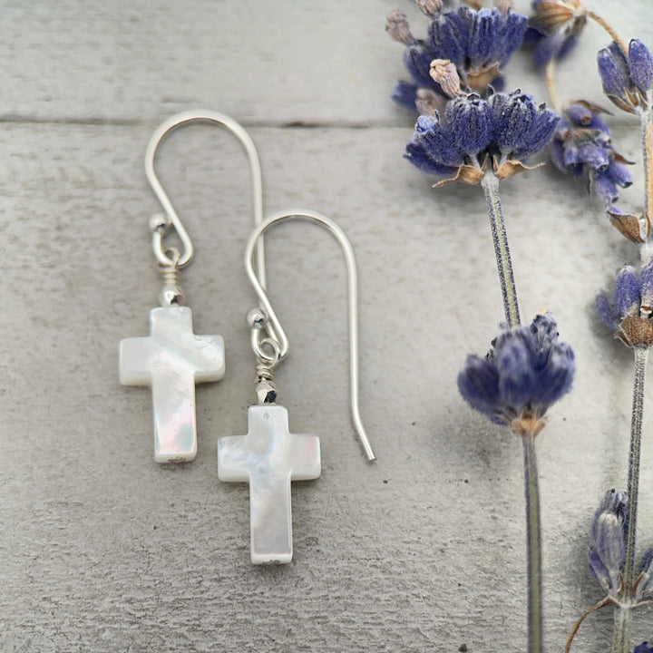 White Mother of Pearl Cross Dangle Earrings | Sterling Silver or Gold Filled | Christian Faith Jewelry Gift for Her - SunlightSilver
