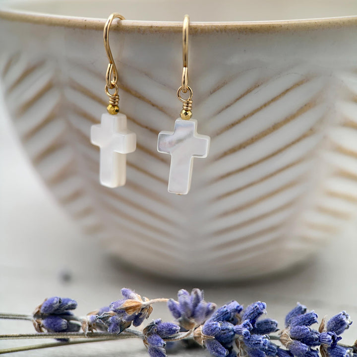 White Mother of Pearl Cross Dangle Earrings | Sterling Silver or Gold Filled | Christian Faith Jewelry Gift for Her - SunlightSilver