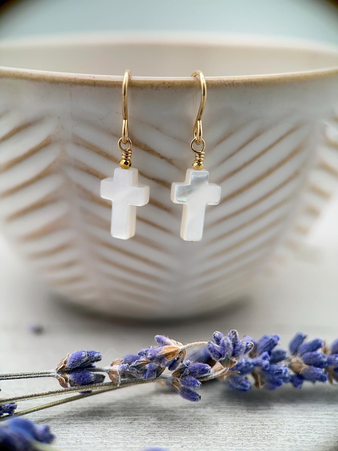 White Mother of Pearl Cross Dangle Earrings | Sterling Silver or Gold Filled | Christian Faith Jewelry Gift for Her - SunlightSilver