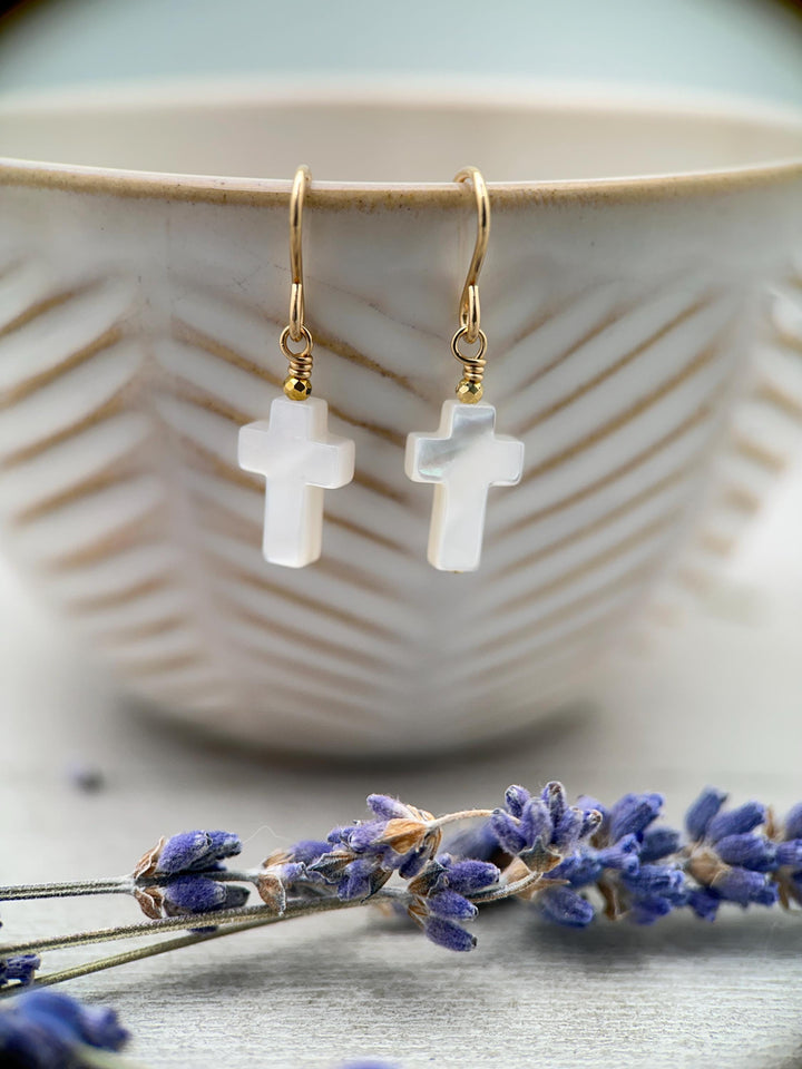 White Mother of Pearl Cross Dangle Earrings | Sterling Silver or Gold Filled | Christian Faith Jewelry Gift for Her - SunlightSilver