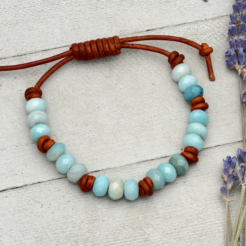 Amazonite and Rustic Brown Leather Bracelet - SunlightSilver