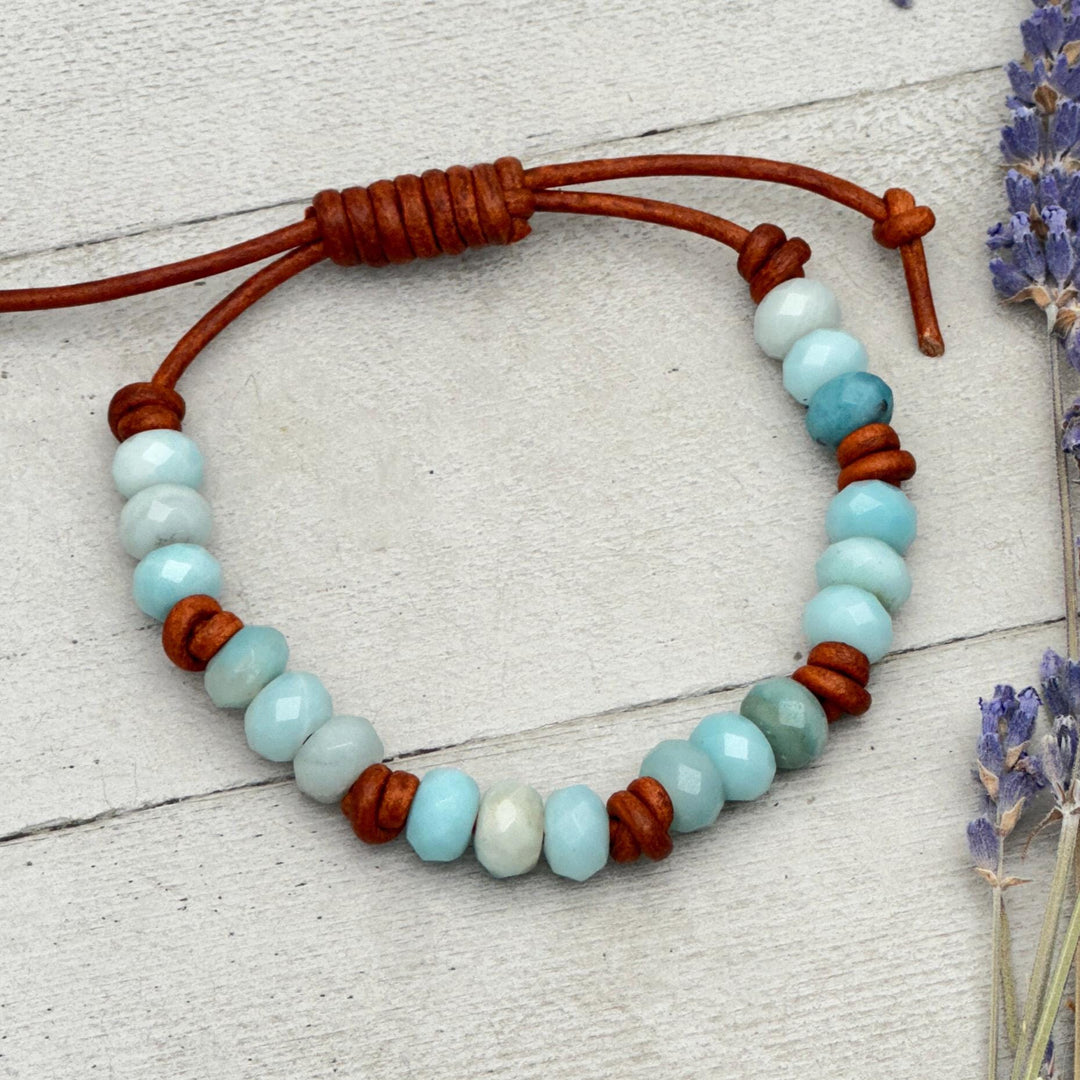 Amazonite and Rustic Brown Leather Bracelet - SunlightSilver