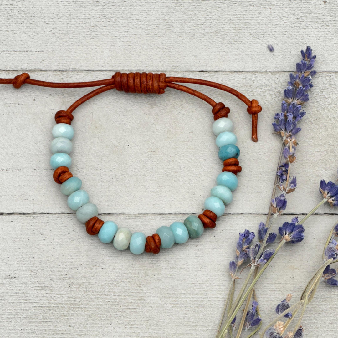 Amazonite and Rustic Brown Leather Bracelet - SunlightSilver