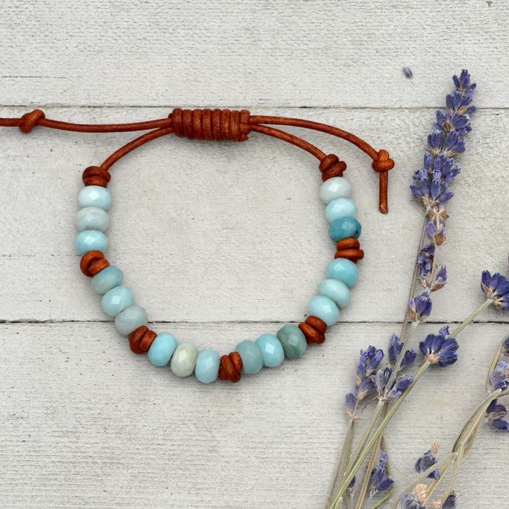 Amazonite and Rustic Brown Leather Bracelet - SunlightSilver