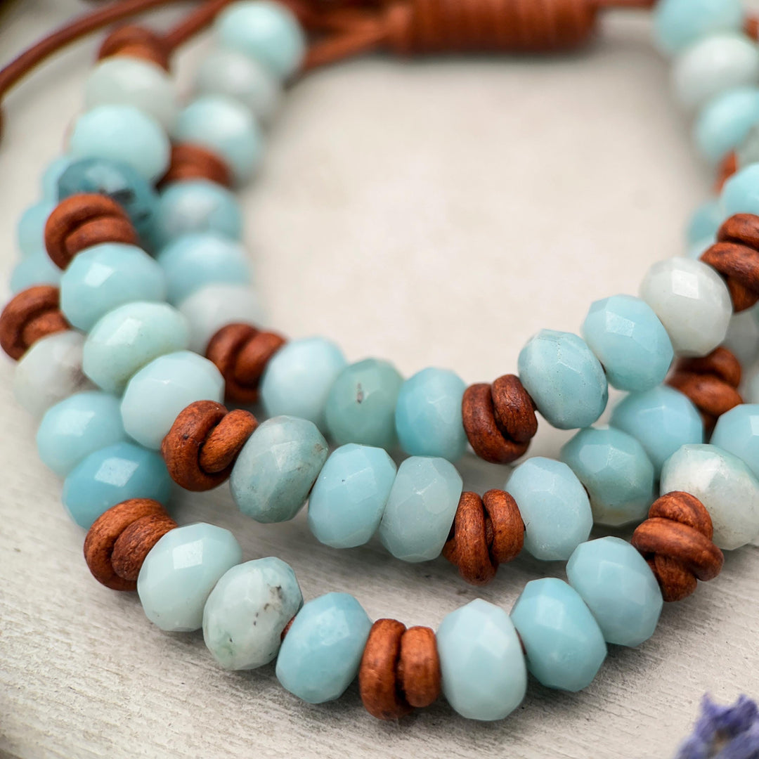 Amazonite and Rustic Brown Leather Bracelet - SunlightSilver