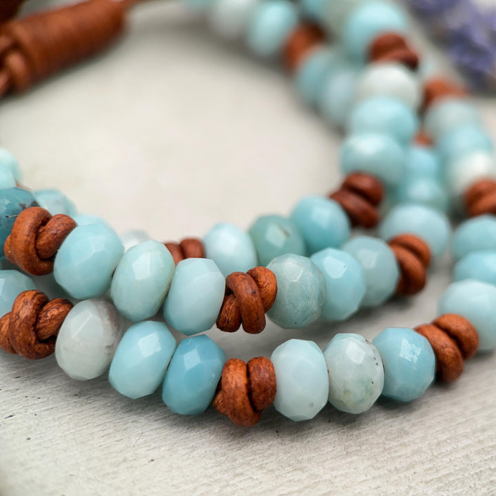 Amazonite and Rustic Brown Leather Bracelet - SunlightSilver