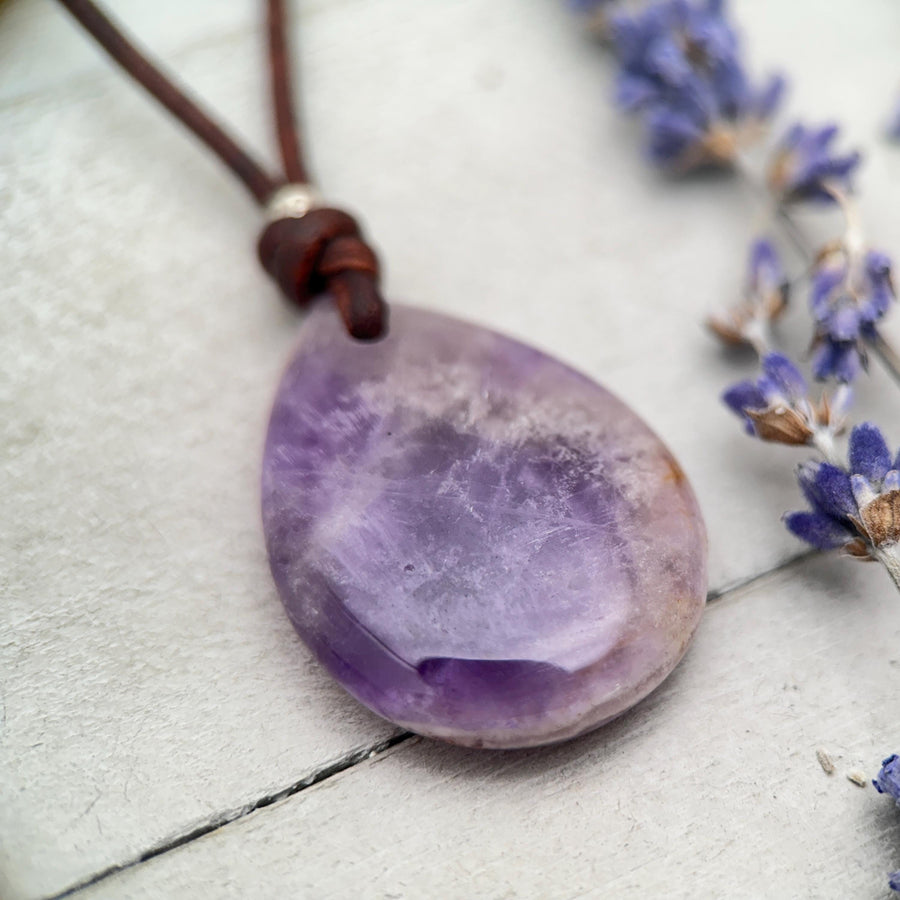 Large Amethyst Pendant Necklace – Deep Purple Gemstone on Rustic Leather – Healing Crystal - February Birthstone - Handmade in the USA - SunlightSilver