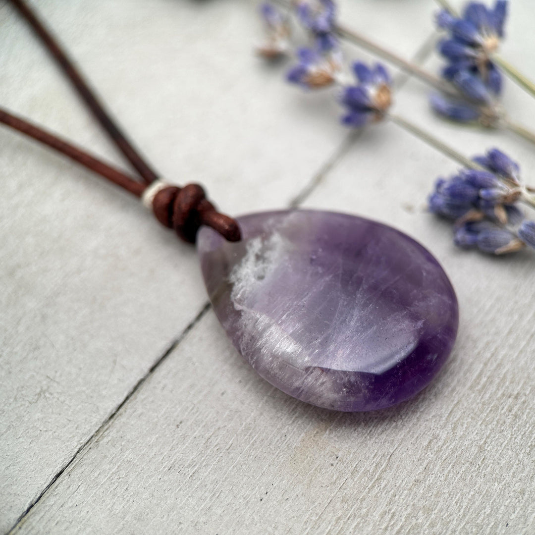 Large Amethyst Pendant Necklace – Deep Purple Gemstone on Rustic Leather – Healing Crystal - February Birthstone - Handmade in the USA - SunlightSilver