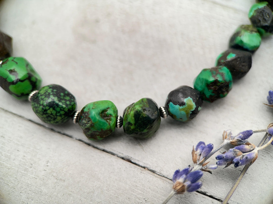 Green Turquoise Nugget and Navajo Pearl Necklace - SunlightSilver