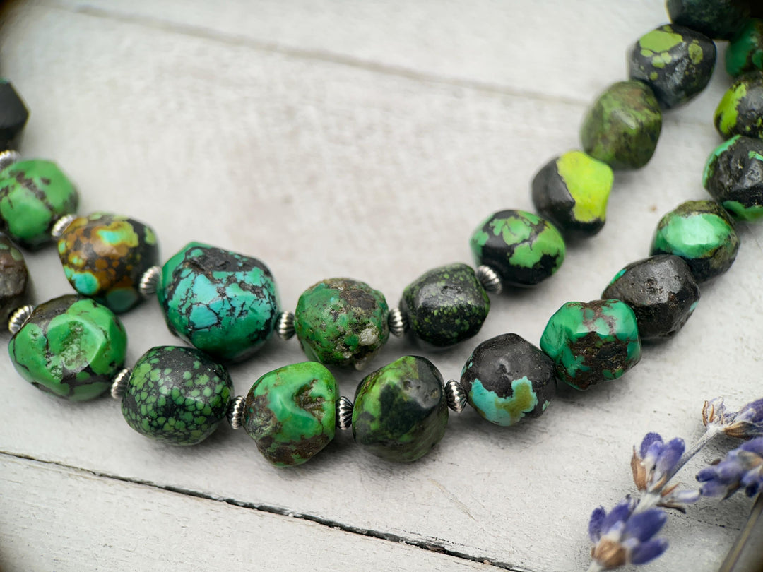 Green Turquoise Nugget and Navajo Pearl Necklace - SunlightSilver