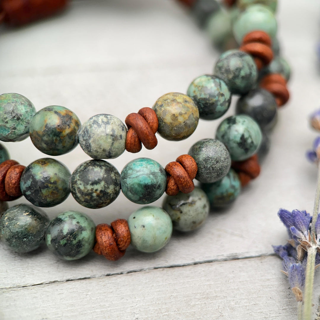 African Turquoise Leather Bracelet, Adjustable Gemstone Stacking Jewelry - Unisex For Men or Women - SunlightSilver