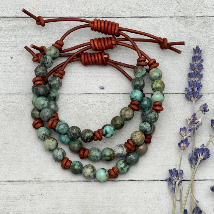 African Turquoise Leather Bracelet, Adjustable Gemstone Stacking Jewelry - Unisex For Men or Women - SunlightSilver