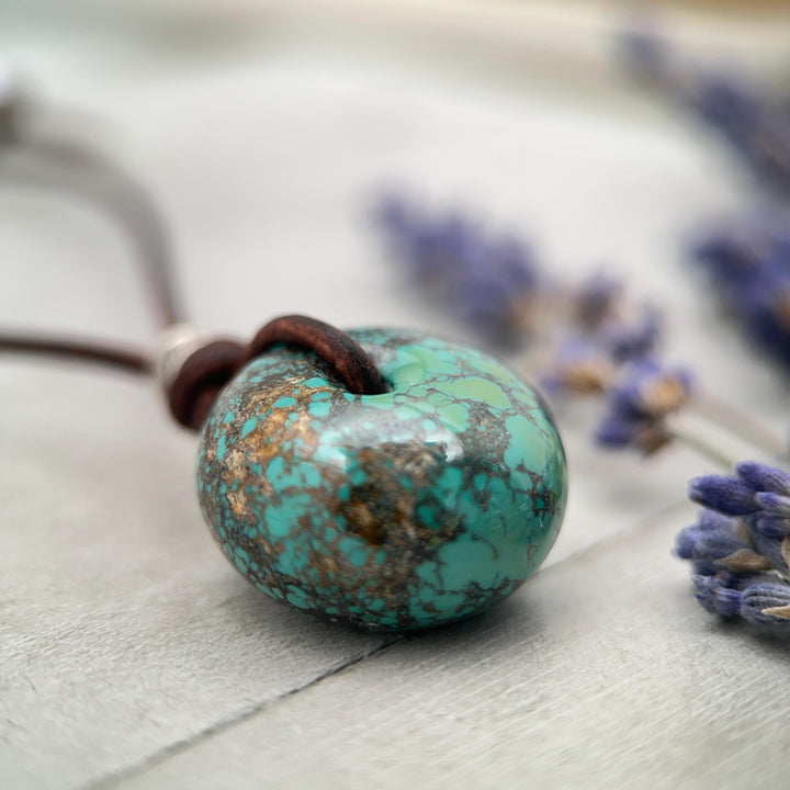 Natural Green Turquoise Donut Necklace on Rustic Leather – December Birthstone - For Him or Her - SunlightSilver