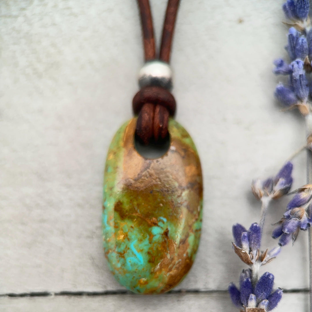 Gemmy Teal Kingman Turquoise Adjustable Rustic Brown Leather Necklace - SunlightSilver