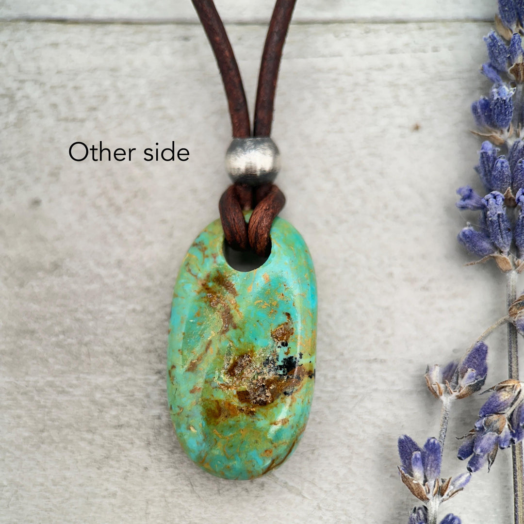 Gemmy Teal Kingman Turquoise Adjustable Rustic Brown Leather Necklace - SunlightSilver