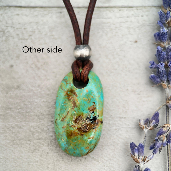 Gemmy Teal Kingman Turquoise Adjustable Rustic Brown Leather Necklace - SunlightSilver