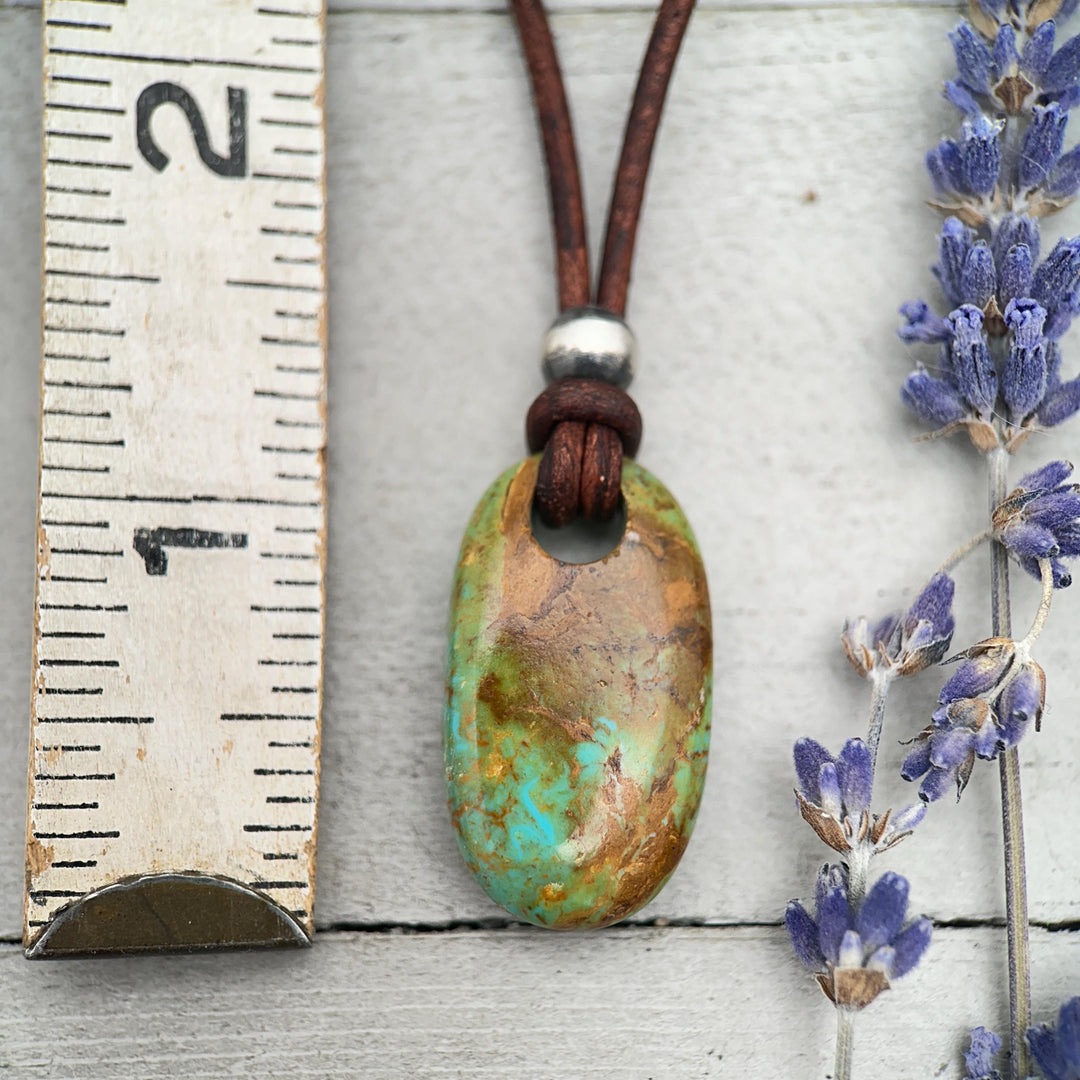 Gemmy Teal Kingman Turquoise Adjustable Rustic Brown Leather Necklace - SunlightSilver