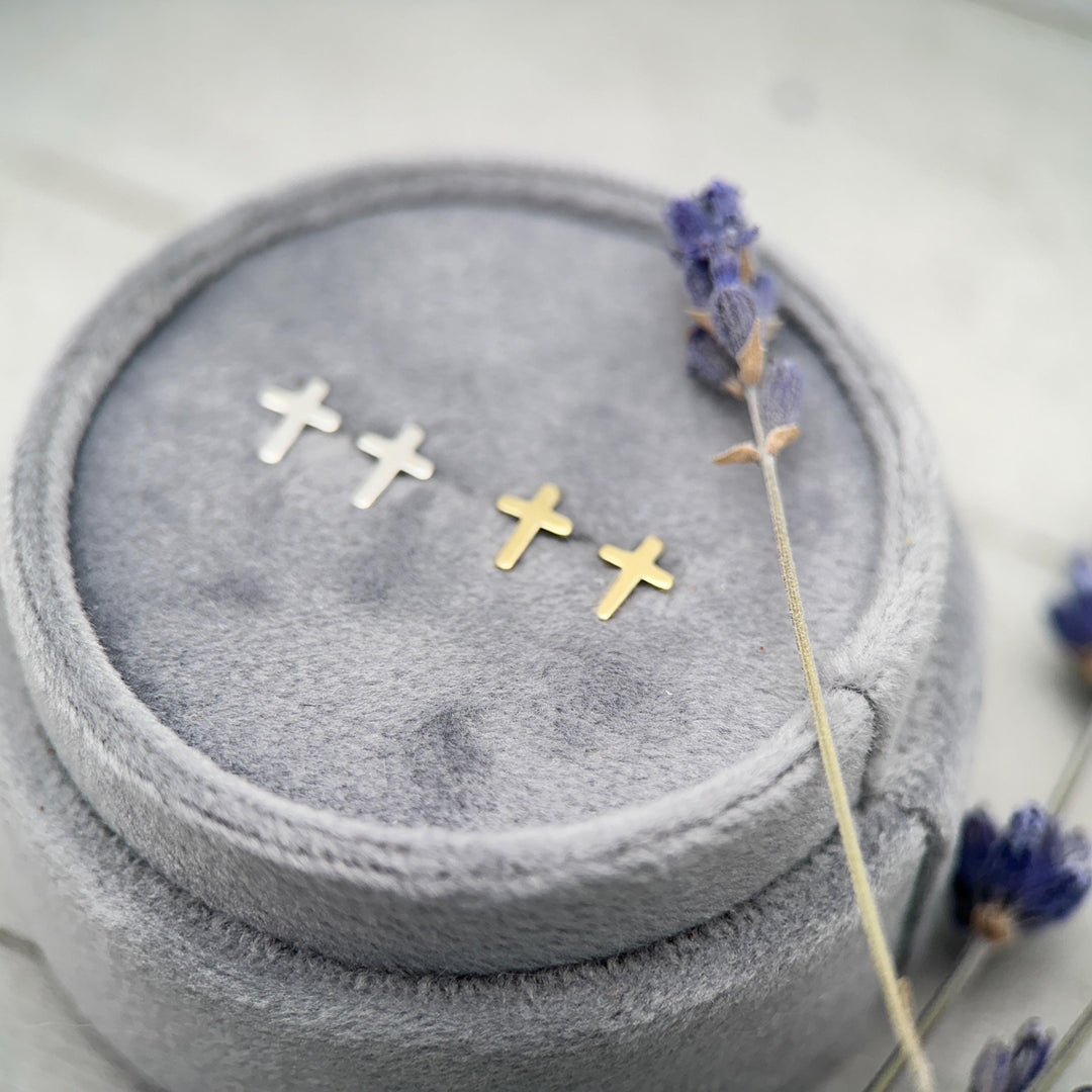 Gold Cross Stud Earrings - 14k Yellow Gold Filled, Dainty Christian Cross Earrings, Minimalist Faith Jewelry - SunlightSilver