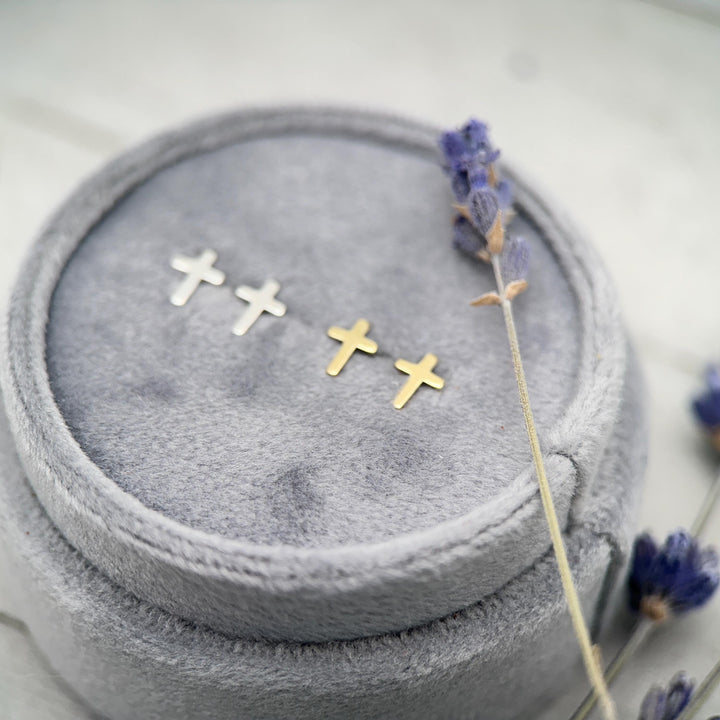 Gold Cross Stud Earrings - 14k Yellow Gold Filled, Dainty Christian Cross Earrings, Minimalist Faith Jewelry - SunlightSilver