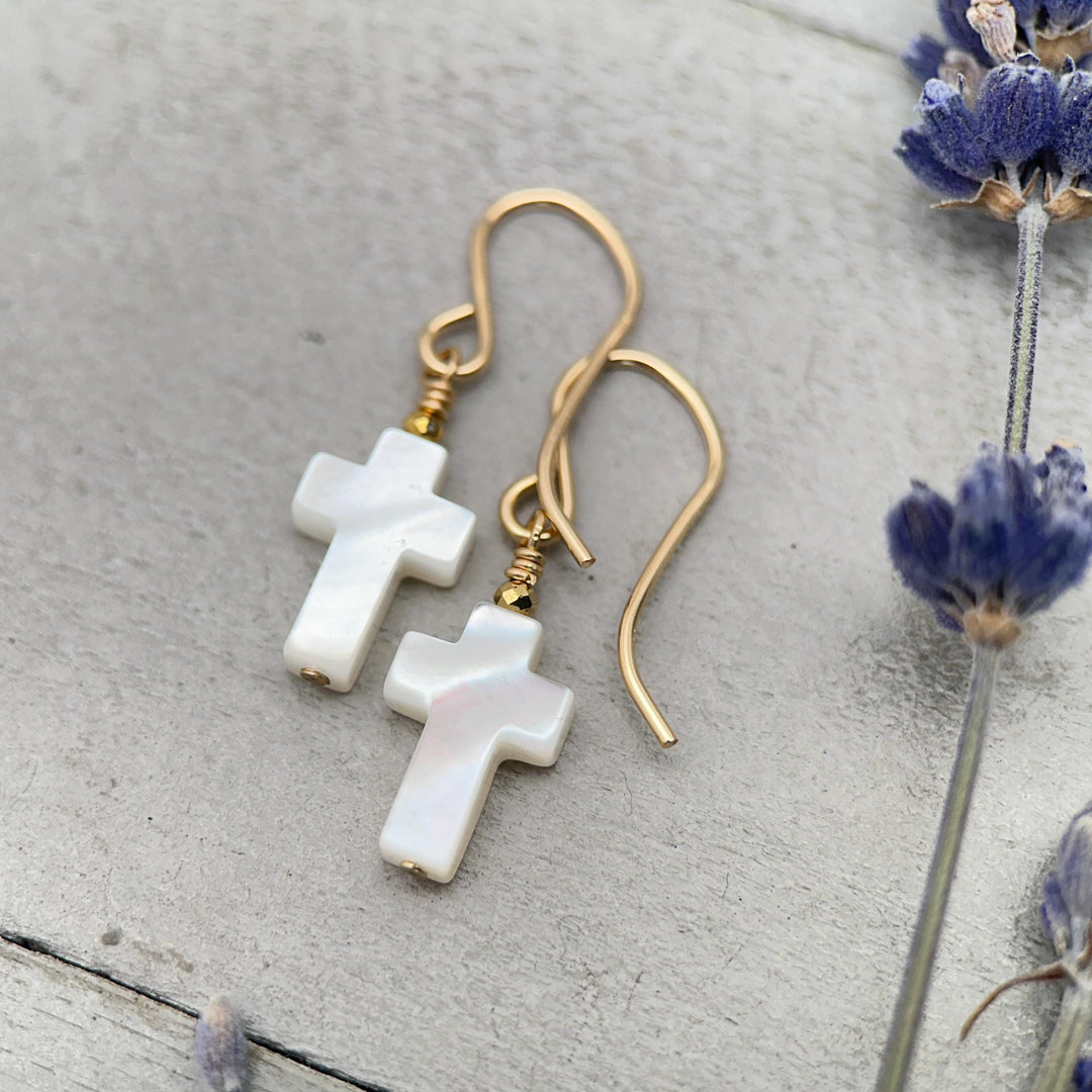White Mother of Pearl Cross Dangle Earrings | Sterling Silver or Gold Filled | Christian Faith Jewelry Gift for Her - SunlightSilver