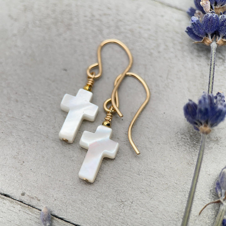 White Mother of Pearl Cross Dangle Earrings | Sterling Silver or Gold Filled | Christian Faith Jewelry Gift for Her - SunlightSilver