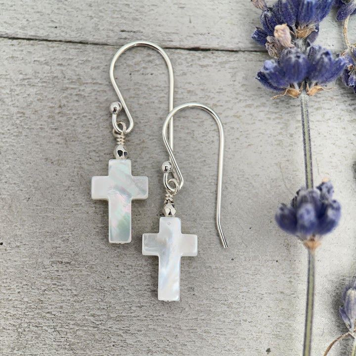White Mother of Pearl Cross Dangle Earrings | Sterling Silver or Gold Filled | Christian Faith Jewelry Gift for Her - SunlightSilver