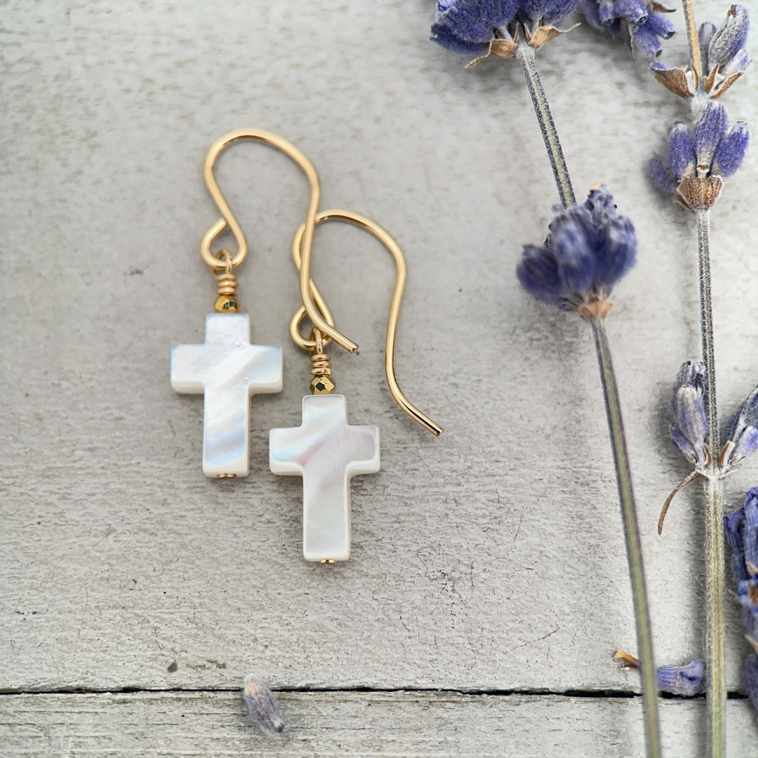 White Mother of Pearl Cross Dangle Earrings | Sterling Silver or Gold Filled | Christian Faith Jewelry Gift for Her - SunlightSilver
