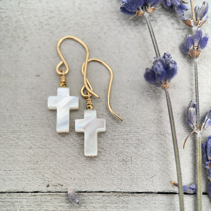 White Mother of Pearl Cross Dangle Earrings | Sterling Silver or Gold Filled | Christian Faith Jewelry Gift for Her - SunlightSilver