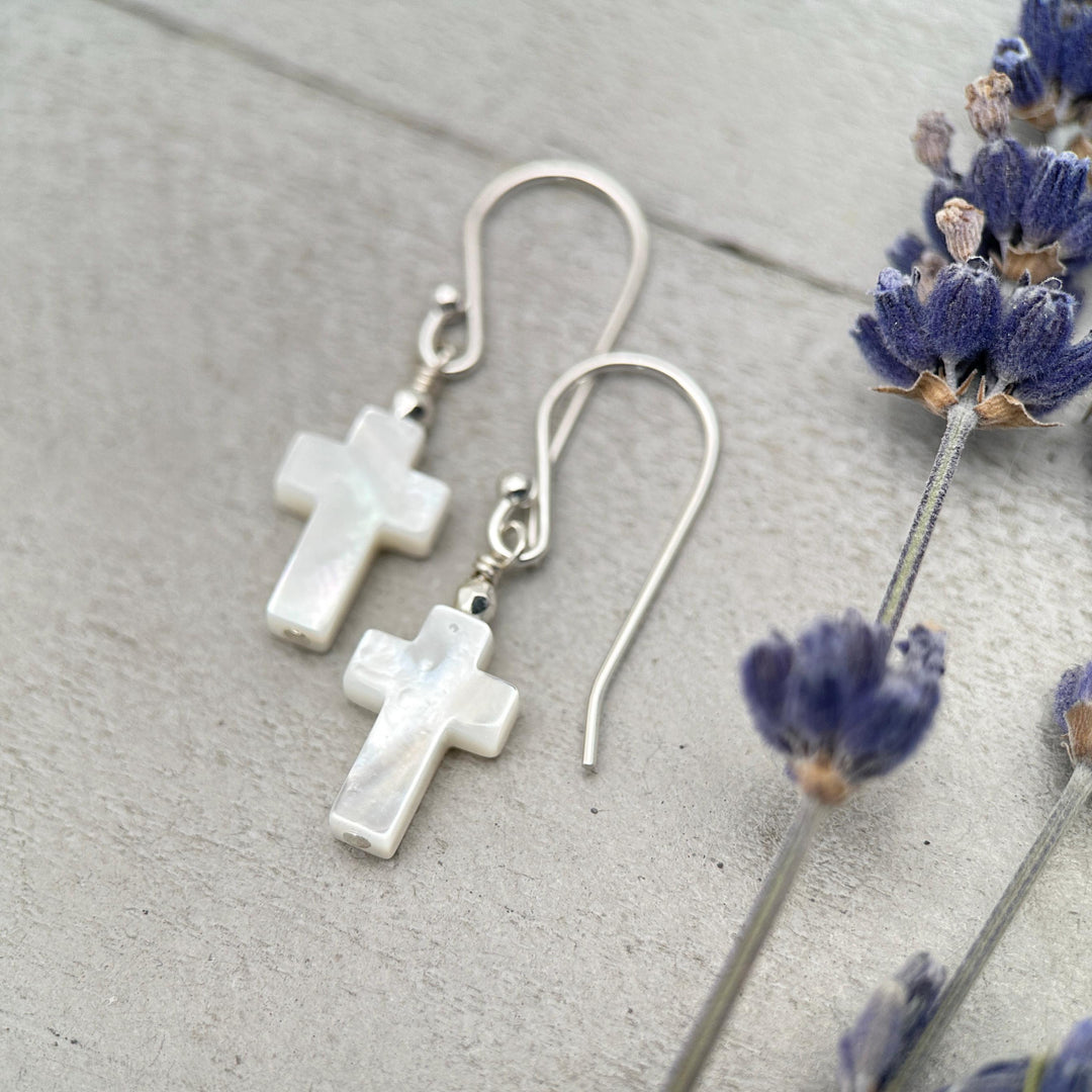 White Mother of Pearl Cross Dangle Earrings | Sterling Silver or Gold Filled | Christian Faith Jewelry Gift for Her - SunlightSilver