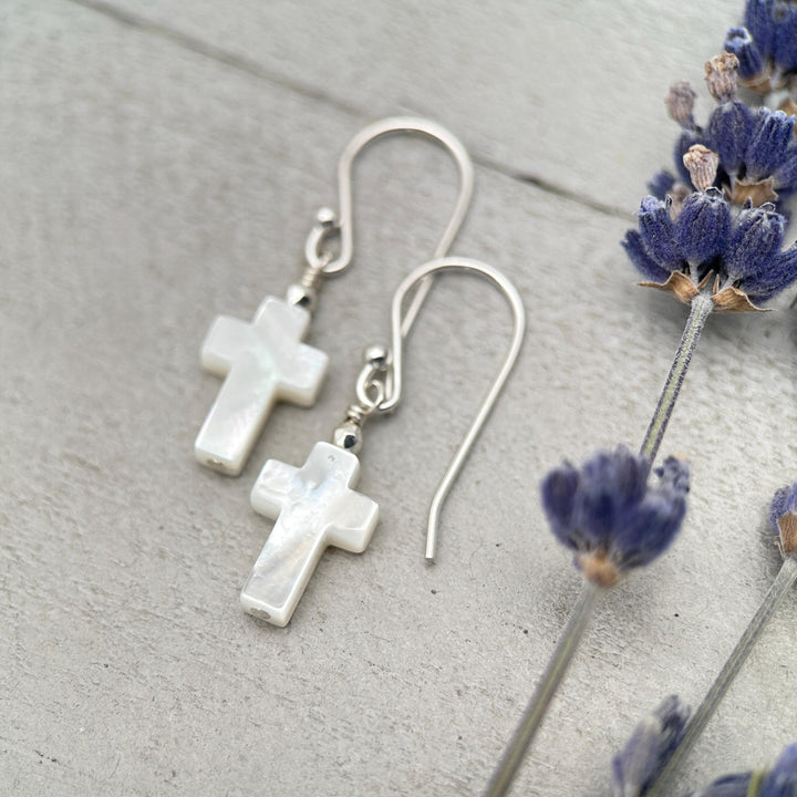 White Mother of Pearl Cross Dangle Earrings | Sterling Silver or Gold Filled | Christian Faith Jewelry Gift for Her - SunlightSilver