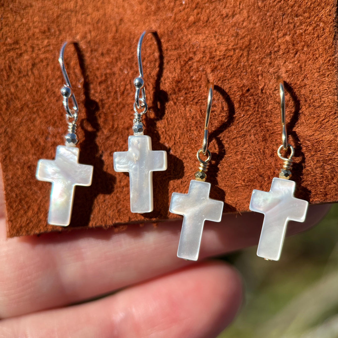 White Mother of Pearl Cross Dangle Earrings | Sterling Silver or Gold Filled | Christian Faith Jewelry Gift for Her - SunlightSilver